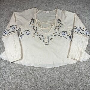 Chelsea and Violet embroidered boho lace up peasant Blouse Long Sleeve cream xs